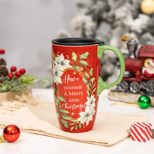 Miniatura 2 de Topadorn Taza de café de cerámica de 17 onzas con tapa y caja de regalo, taza de té de porcelana roja festiva, apta para microondas y lavavajillas