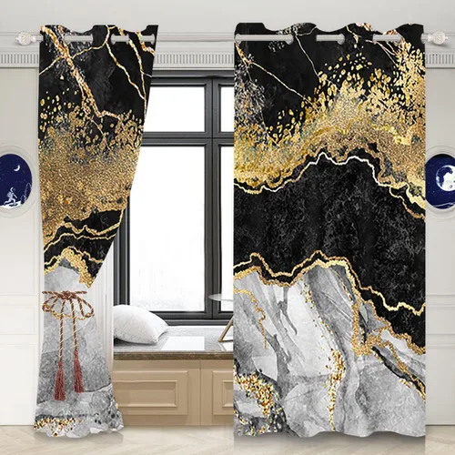 Miniatura 2 de Cortinas opacas de mármol negro y gris para hombre joven, estilo gótico, decoración de sala de estar, cortinas abstractas de rayas doradas, juego