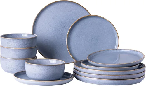GBHOME Juego de vajilla de cerámica para 4, juego de 12 piezas de platos y cuencos de gres, juego de vajilla resistente a los arañazos para la cena,