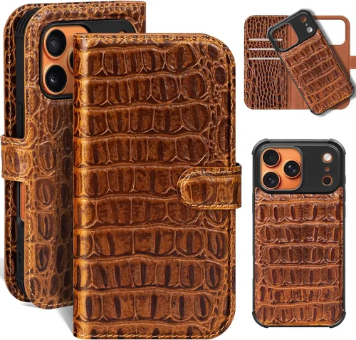 Miniatura 30 de Funda de cuero compatible con iPhone 16 Pro Max Cartera 6.9", cuero genuino 2 en 1, magnética, desmontable, a prueba de golpes, funda tipo folio