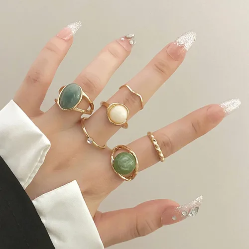 Miniatura 2 de Juego de 6 anillos de diamantes de imitación dorados y verdes para mujer, anillo de piedra preciosa natural, anillo de buena suerte, anillos verdes