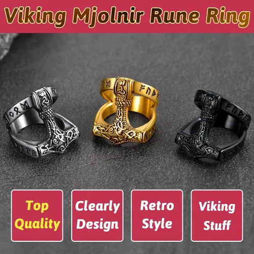 Miniatura 5 de FaithHeart Norse Viking Jewelry - Anillo de acero inoxidable de guerrero para hombre con diseño vikingo de cabeza de lobomartillo de Thor