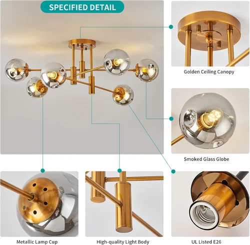 Miniatura 6 de DDLLDESHI Lámpara de araña de 6 luces dorada con cubierta esférica de vidrio Sputnik, lámpara de techo de 34" de gran tamaño para comedor, lámparas