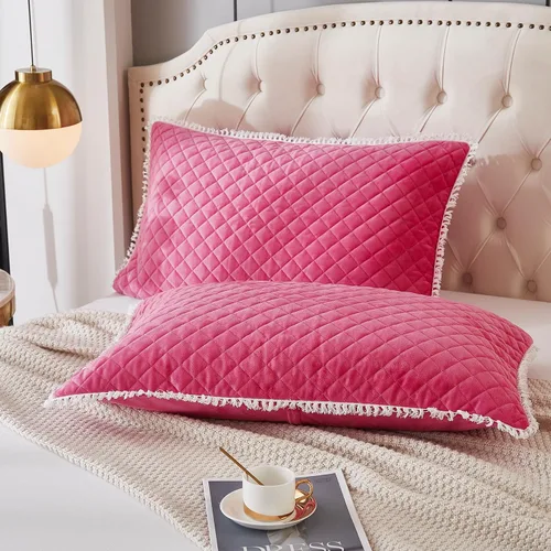 Miniatura 2 de JAUXIO Juego de 2 fundas de almohada de terciopelo acolchadas con diamantes y borlas decorativas con flecos, decorativas, acogedoras y cálidas, Rosa