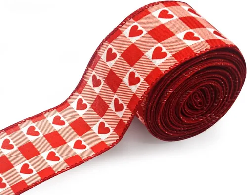 Cintas con borde con cable para el día de San Valentín de 2.5 pulgadas, 10 yardas, cinta roja a cuadros de búfalo rojo para envolver aniversarios,