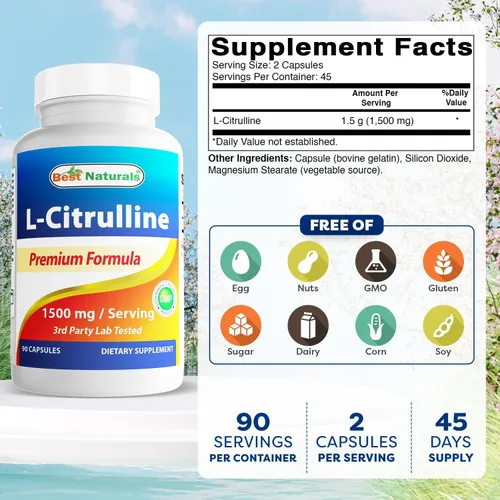 Miniatura 2 de Best Naturals Cápsulas de L-citrulina – 1500 mg/porción – Sin OMG – Sin gluten – 90 cápsulas (90 unidades (paquete de 1))