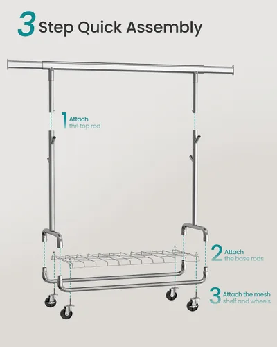 Miniatura 6 de SONGMICS Perchero de Ropa, Perchero de Ropa Rodante de Servicio Pesado con Ruedas, Barra Colgante Extensible y Altura Ajustable, Portátil, con Plata