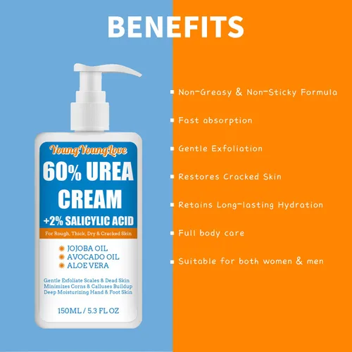 Miniatura 4 de Crema de urea 60% – Crema de pies de urea con calcetines hidratantes para el talón para manos secas agrietadas, 60 por ciento para pies de máxima