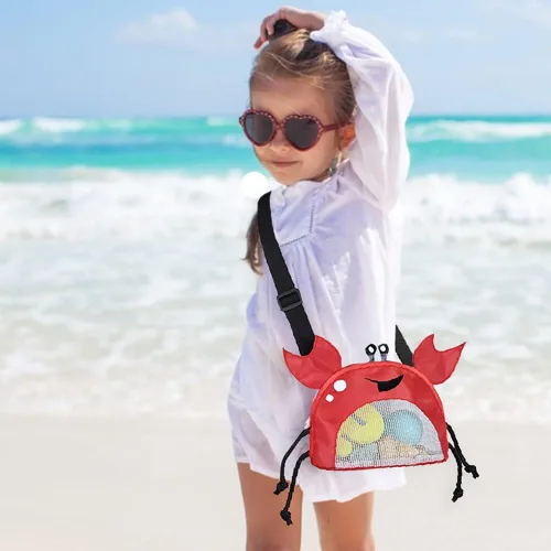 Miniatura 8 de Bolsa de malla de cangrejo para playa, bolsas de recolección de conchas de playa, juguetes de conchas de playa, correa ajustable para el hombro