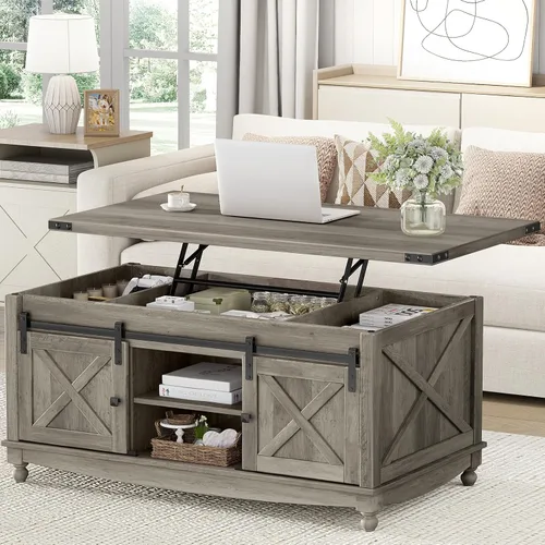 Miniatura 9 de ALLSTAND Mesa de centro elevable de 31.5 pulgadas con almacenamiento, mesas de centro de granja para sala de estar, mesa de centro cuadrada con gran