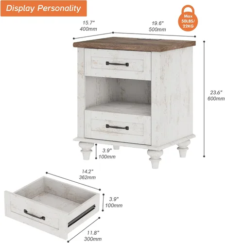 Miniatura 2 de WAMPAT Mesita de noche con estación de carga y 2 cajones, mesa auxiliar de granja para sala de estar, mesita de noche retro de madera clara