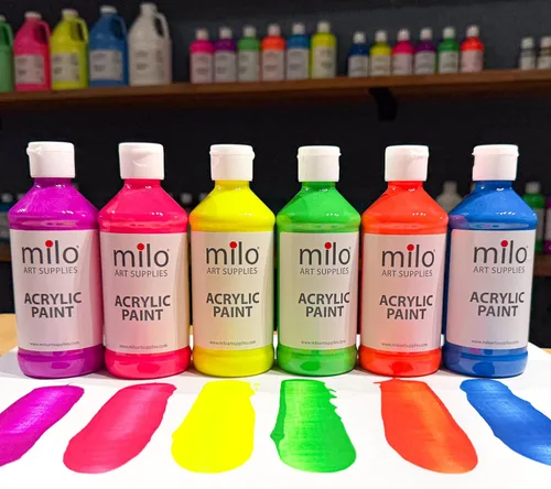 Miniatura 5 de milo Juego de 6 pinturas acrílicas fluorescentes Botellas de 4 onzas Paquete de pintura acrílica de colores neón para estudiantes Hecho