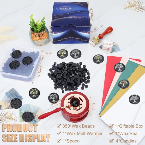 Miniatura 2 de Juego de sello de cera con 357 piezas, con cuentas de cera, sello, calentador, cuchara, velas para sobres y cartas vintage (Negro)