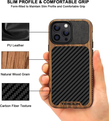 Miniatura 3 de TENDLIN Compatible con iPhone 13 Pro Max, funda de grano de madera con textura de fibra de carbono, funda híbrida de cuero compatible con iPhone 13
