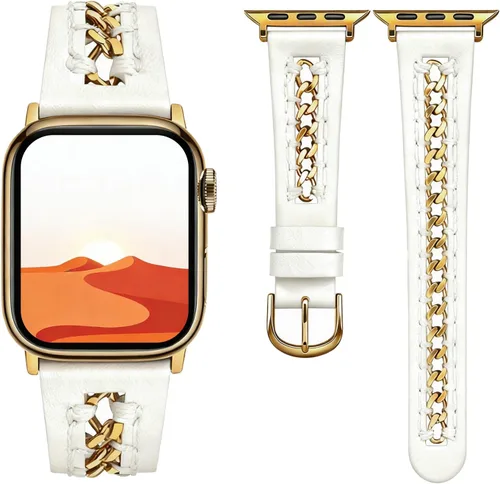 Miniatura 10 de HANDODO Correa de piel auténtica italiana con detalles de cadena dorada, compatible con Apple Watch Series 10 9 8 7 6 5 4 3 2 1 SE SE2 Ultra, correa