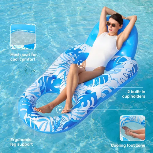 Miniatura 4 de Sloosh Flotadores inflables para piscina, tumbona para adultos, flotador de piscina flotante, silla reclinable flotante con portavasos y reposapiés