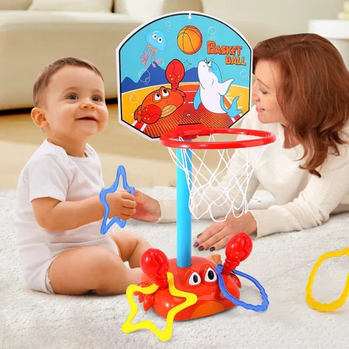 Miniatura 9 de Aro de baloncesto para niños pequeños, juego de juguetes deportivos 2 en 1 para niños, juego de lanzamiento de anillos con sonido musical, aro