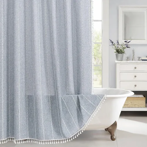 MitoVilla Cortina de ducha de tela bohemia azul, cortinas de ducha de lino de poliéster de granja moderna para decoración de baño rústico vintage,