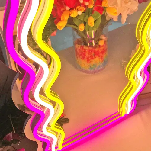 Miniatura 9 de jXIN Letreros de neón de espejo ondulado para decoración de pared, espejos decorativos irregulares montados en la pared con luces de neón regulables