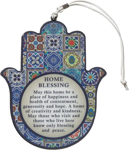 Miniatura 9 de Decoración de pared Hamsa de la buena suerte con bendición del hogar en inglés de 19 cm con motivo de granadas púrpuras - Mano Hamsa para colgar
