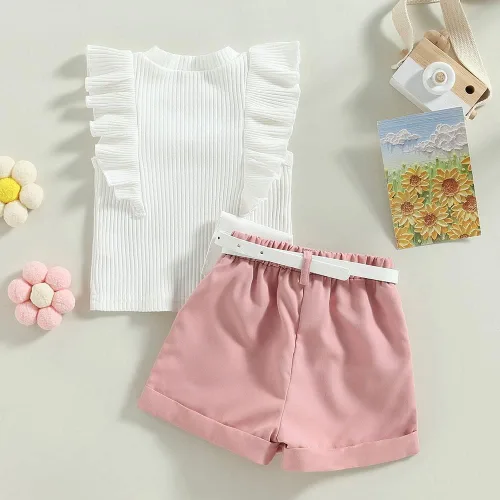 Miniatura 72 de TheFound Trajes de verano para niñas pequeñas, sin mangas, de punto acanalado, halter, pantalones cortos, ropa para recién nacidos, conjunto de 3