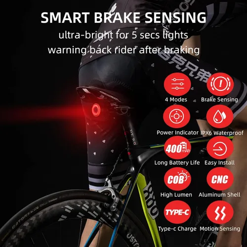 Miniatura 2 de ROCKBROS Luz Trasera de Bicicleta Inteligente, Luces Traseras de Bicicleta con Sensor de Freno para Paseo Nocturno, Luces Traseras LED