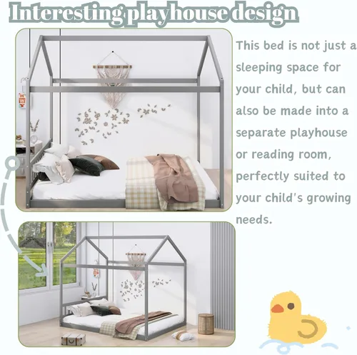 Miniatura 5 de Bellemave Cama de casa Queen con techo de madera, camas Montessori para niños, marco de cama de piso de madera para niñas, niños, adolescentes y Gris