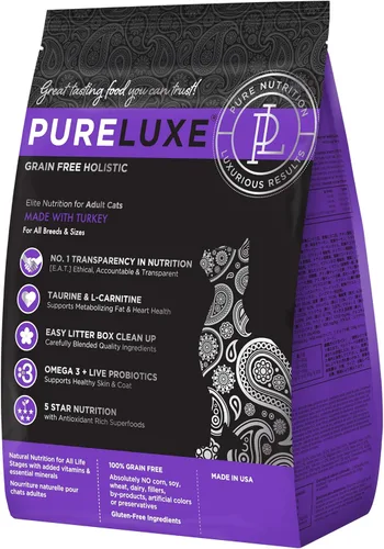 PURELUXE Alimento para gatos sin granos y gluten, nutrición Elite para gatos adultos, pavo, para todas las etapas de la vida y razas, fabricado en