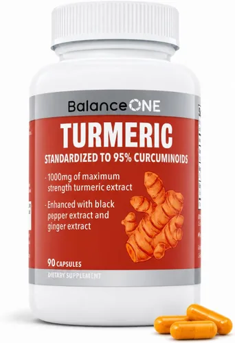 Balance ONE Extracto de cúrcuma de 1000 mg - Suplemento de curcumina de cúrcuma con 95% de curcuminoides, piperina de pimienta negra y jengibre,