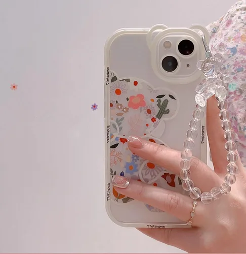 Miniatura 4 de Funda compatible con iPhone 8 Plus, bonito protector de cámara con diseño de oso de flores transparentes con bonita correa y cadena para niñas