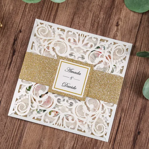 Miniatura 2 de Tarjetas de invitaciones de boda cuadradas de 6.3 x 6.3 pulgadas, corte calado mediante láser, diseño floral, con banda dorada y sobres blancos