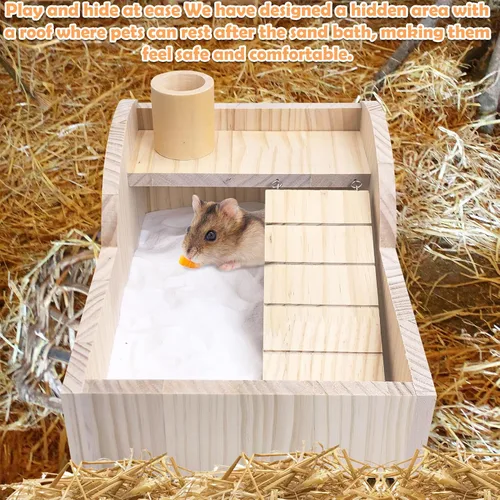 Miniatura 5 de PINVNBY Caja de baño de arena para hámster de madera con escalera de escalada, habitación de ducha, arena para excavar, contenedor de bañera