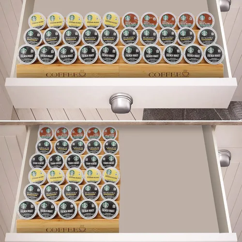 Miniatura 2 de MinBoo Organizador de bambú de 2 piezas con forma de escalón para K-Cup para cajón o encimera para estación de café, capacidad para 30 cápsulas