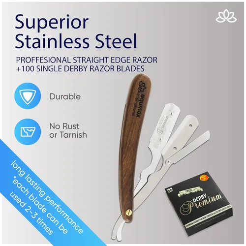 Miniatura 2 de Equinox Fancy - Maquinilla de afeitar de borde recto, afeitadora manual para hombres, incluye 100 cuchillas Derby desechables, mango de madera, kit