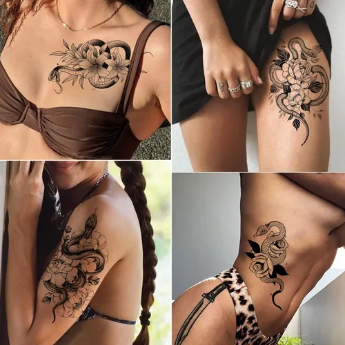 Miniatura 2 de Tazimi Tatuajes temporales de serpiente, 12 hojas 3D negras realistas de serpiente, rosa, tatuajes florales, calcomanías grandes y sexys