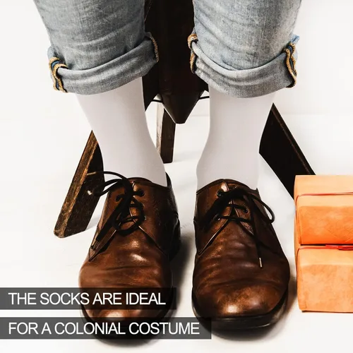 Miniatura 6 de Eurzom 3 pares de calcetines coloniales para hombre, accesorios de disfraz colonial, calcetines blancos hasta la rodilla para adultos, Halloween