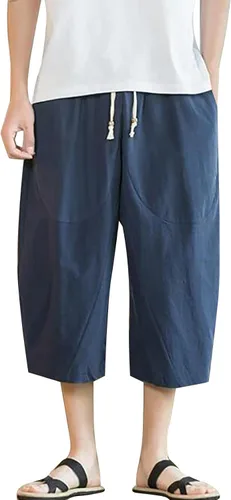 Pantalones capri de lino y algodón para hombre, pantalones holgados de harén con cordón, pantalones de playa de yoga, pantalones cortos de color