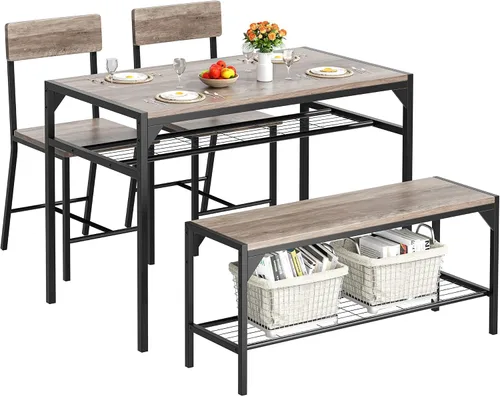 Conjunto de mesa y sillas de cocina Shintenchi de 4 piezas, juego de mesa de comedor para 4 con banco y sillas, juego de mesa de cocina de 4 piezas