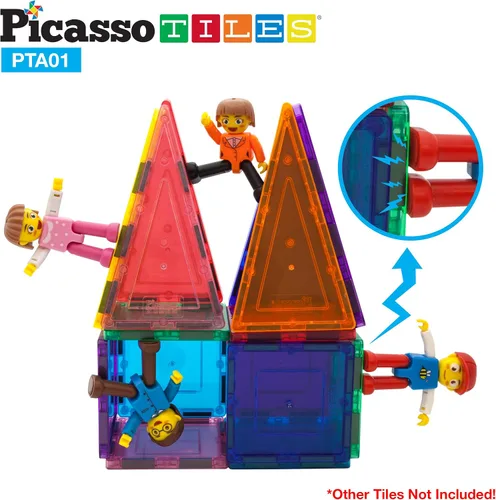 Miniatura 7 de PicassoTiles Juego de 63 piezas de azulejos magnéticos de diamante + 4 figuras de acción familiar, juego de juguetes de construcción de bloques