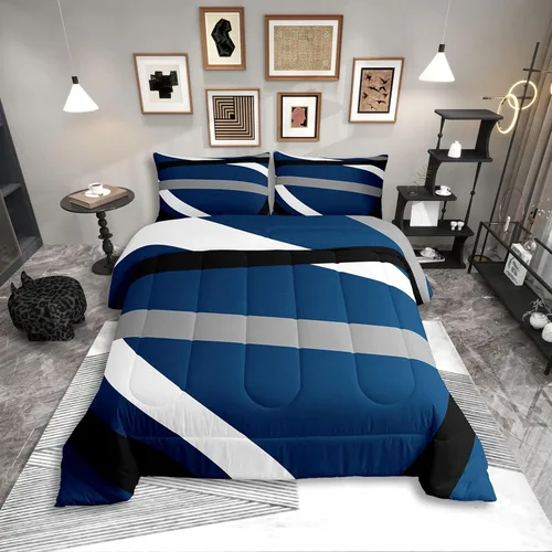 Miniatura 11 de Erosebridal Edredón Cuadrado para Niños y Niñas, Juego de Ropa de Cama Negro y Gris Blanco Azul Marino, Juego de Edredón Geométrico Completo