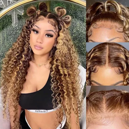 Miniatura 20 de Ladoux Pelucas de cabello humano lacio con reflejos degradados de 13 x 6 pulgadas, encaje frontal transparente HD, 14 pulgadas, densidad del 180%