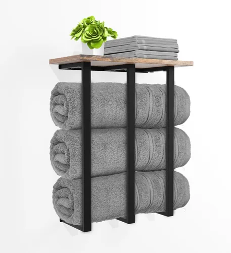 Toallero montado en la pared con estante, hermoso almacenamiento para baño pequeño, organizador ordenado para toallas enrolladas, 3 barras de hierro