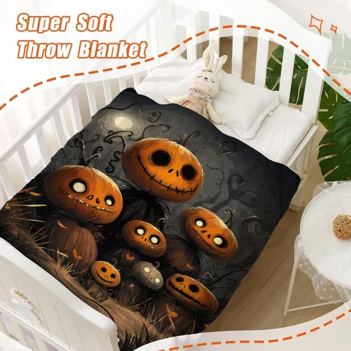 Miniatura 6 de YeeJu Manta de Halloween de calabaza espeluznante vintage para bebé y mascota, acogedora, suave y mullida, manta de forro polar de felpa para sofá
