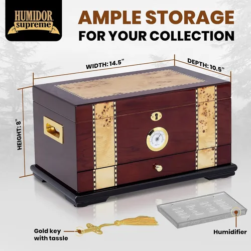 Miniatura 6 de Humidor Supreme Solana de escritorio para puros con cajón de accesorios, bandeja de cedro español y divisores Caja de almacenamiento para puros