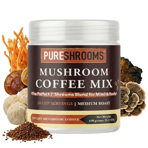 Miniatura 14 de PureShrooms Café instantáneo de hongos con melena de león orgánica, reishi y cordyceps Arábica colombiana liofilizada 600 mg de extractos