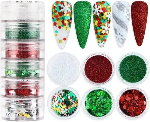 Miniatura 10 de Lentejuelas azules con purpurina para uñas navideñas, 6 rejillas, lentejuelas con purpurina para uñas de invierno, mezcla de copos de nieve