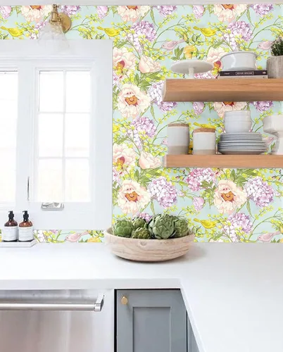 Miniatura 5 de Blooming Wall DPY27 - Papel tapiz autoadhesivo removible con peonía beige de hortensias y pájaros de color morado claro, 14.5 pies cuadrados/rollo