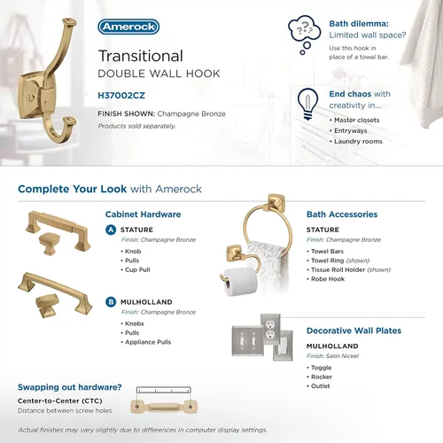 Miniatura 6 de Amerock H37002CZ Kinsale Gancho decorativo de pared de doble punta Gancho de bronce champán para abrigos, sombreros, mochilas, bolsas Ganchos