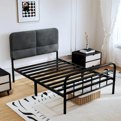 Miniatura 4 de Base de cama metálica de 14 pulgadas, base de cama tamaño individual con cabecero tapizado, base de colchón resistente y de alta capacidad, fácil