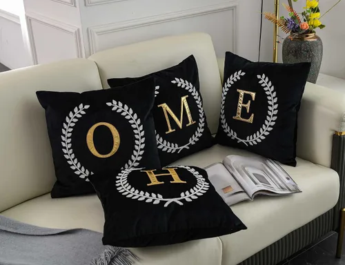 Miniatura 5 de Funda de almohada de terciopelo negro, bordado de letras cuadradas personalizadas de 18 pulgadas, funda de almohada decorativa solo (E)